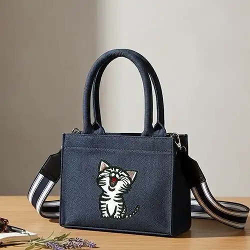 Embroidered Small Handbag With Meow Design