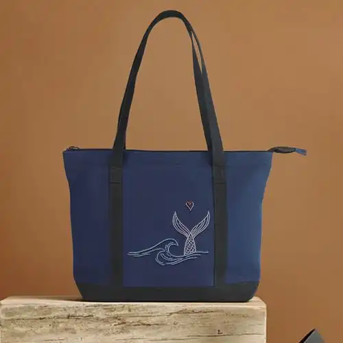 Embroidered Tote Bag With Ocean Whale Kiss Design