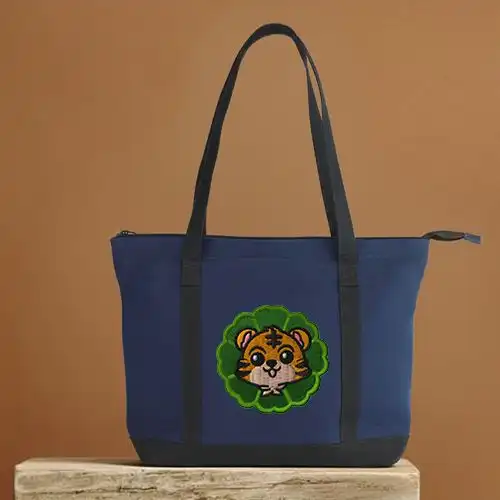 Embroidered Tote Bag With Tiger Cube Charm Design