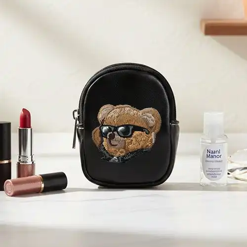 Embroidered Black Earphone Pouch With Bear In Black Design