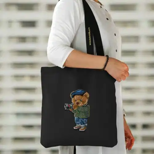 Embroidered Black Jhola Bag With Bear Focus Design