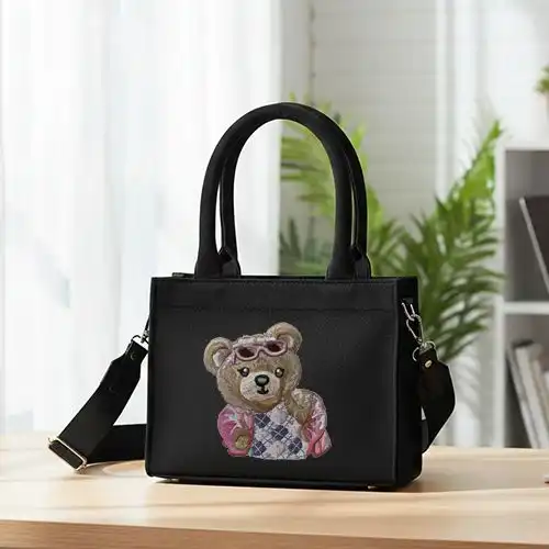 Embroidered Black Small Handbag With Fashionista Bear Design