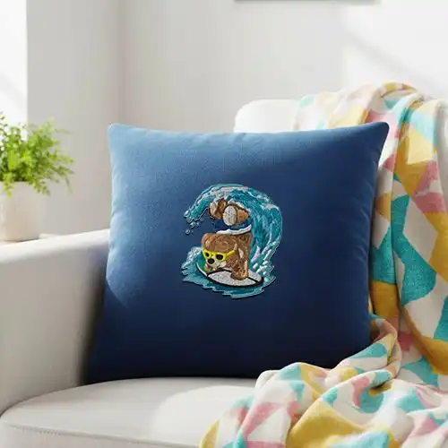 Embroidered Blue Cushion Cover With Surf Bear Design