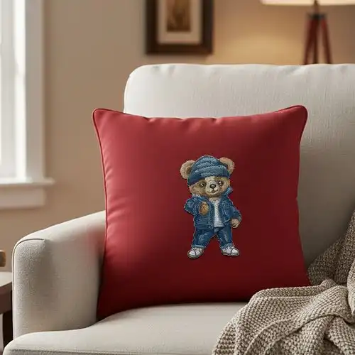 Embroidered Cushion Cover With Beanie Bear Design