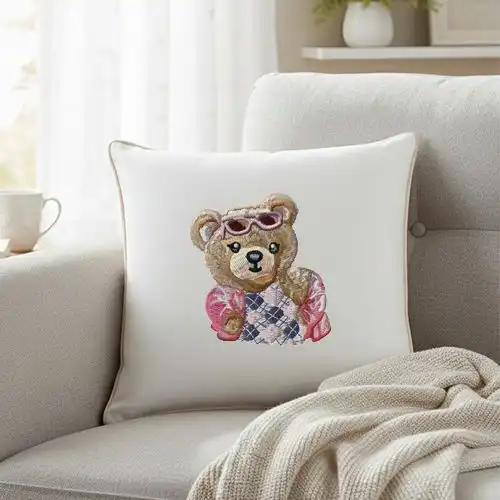 Embroidered Cushion Cover With Fashionista Bear Design