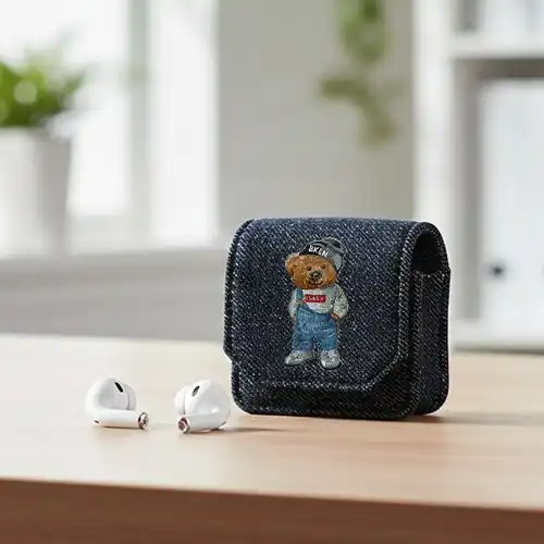 Embroidered Demin Earphone Cover With Street Bear Design