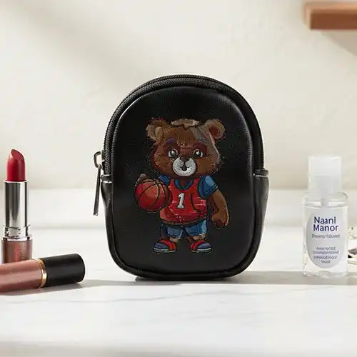 Embroidered Earphone Black Cover With Basket Bear Design