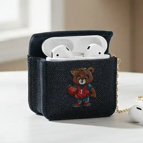 Embroidered Earphone Cover With Basket Bear Design