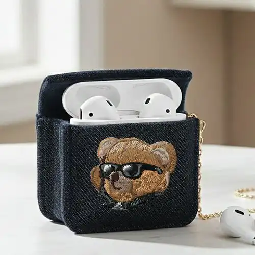 Embroidered Earphone Pouch With Bear In Black Design