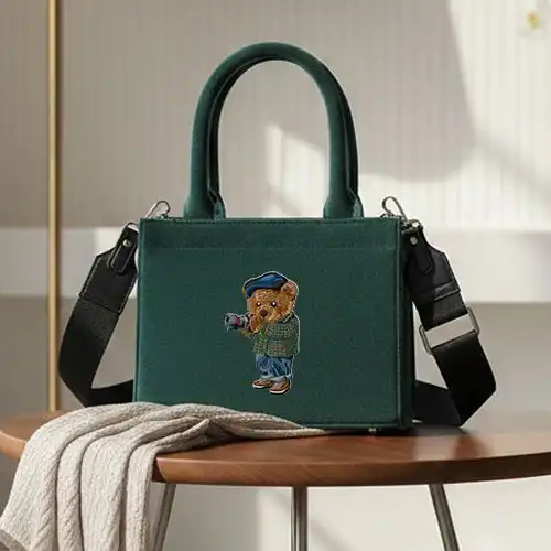 Embroidered Green Small Bag With Bear Focus Design