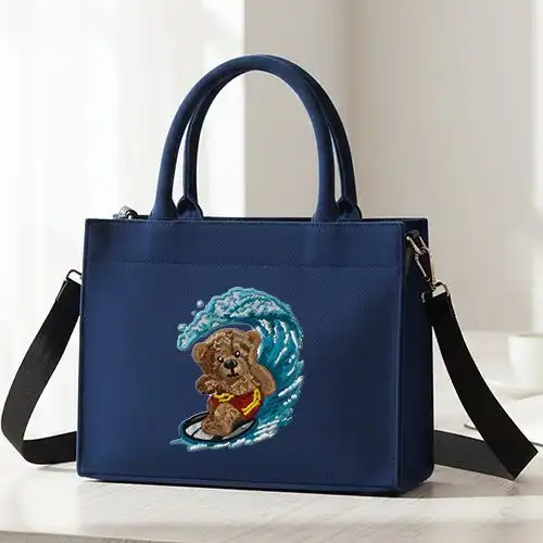 Embroidered Large Handbag With Beach Bear Design