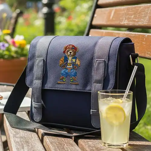 Embroidered Messagener Bag With Hip Hop Bear Design