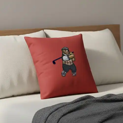 embroidered red cushion cover with glofing grizzely bear design