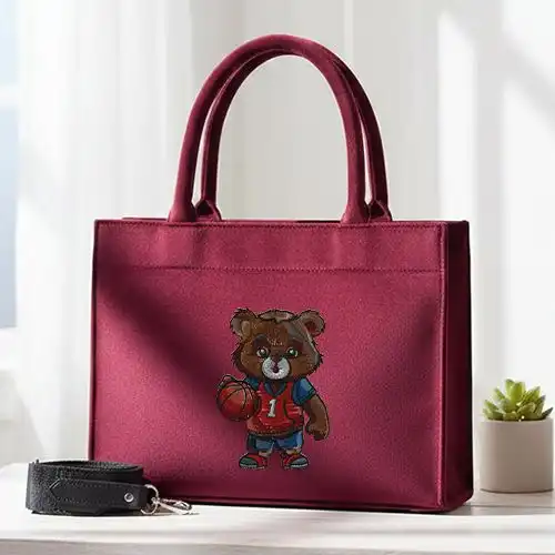 Embroidered Red Handbag With Basket Bear Design
