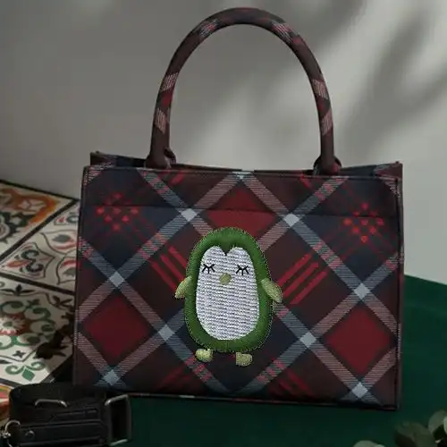 Embroidered Red Handbag With Greenie Penguin Design
