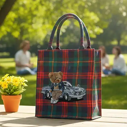 Embroidered Red Jhola Handbag With Car Club Bear Design