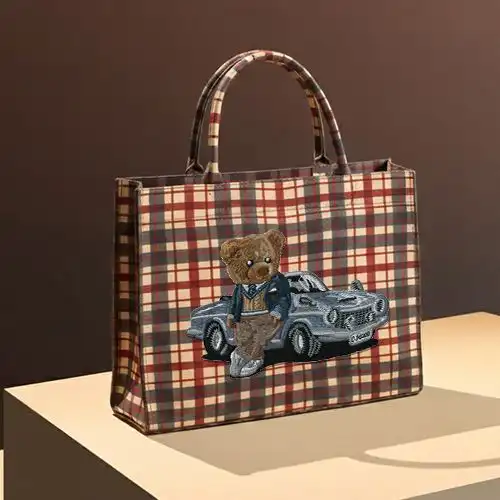 Embroidered Red Large Handbag With Car Club Bear Design