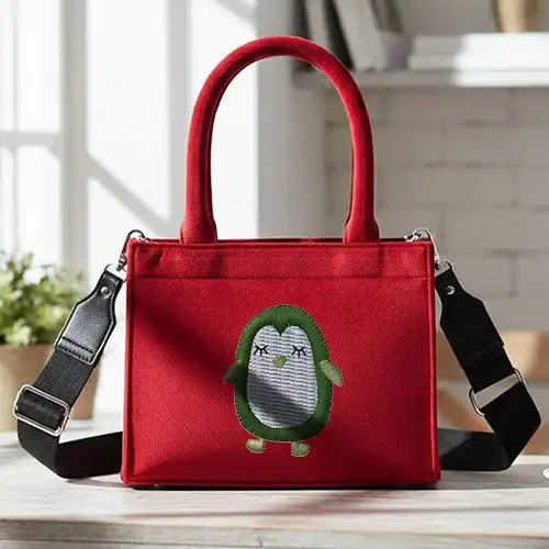 Embroidered Small Handbag With Greenie Penguin Design