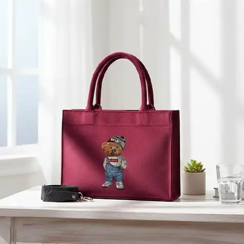 Embroidered Velvet Red Large Handbag With Street Bear Design