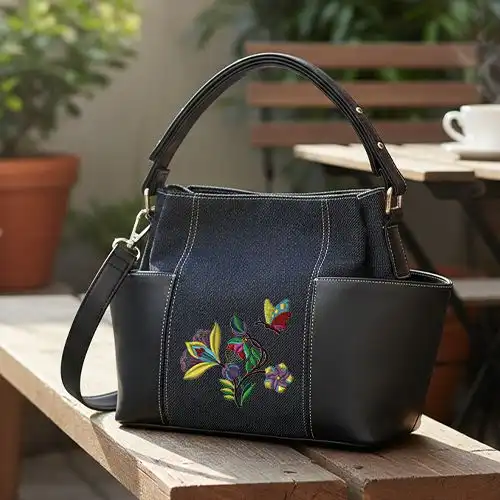 Embroidered Black Bucket Handbag With Butterfly Garden Design