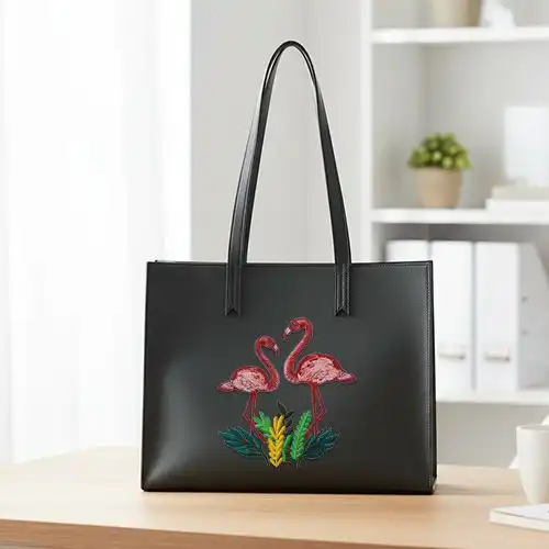 Embroidered Black Large Handbag With Flamingo Design