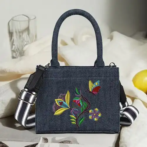 Embroidered Demin Small Handbag With Butterfly Garden Design