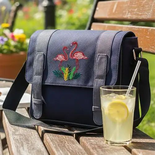 Embroidered Messagenser Bag With Flamingo Design