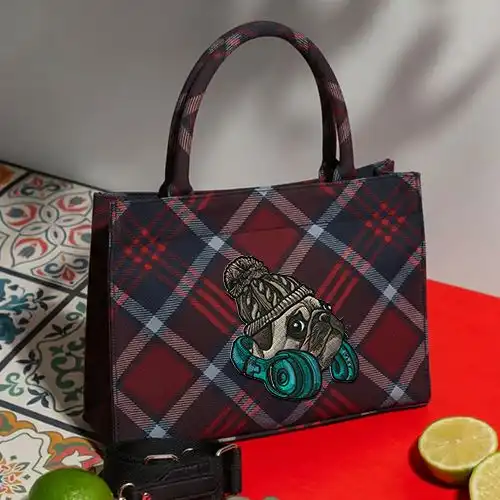 Embroidered Of Dj Woof Design On Large Red Handbag