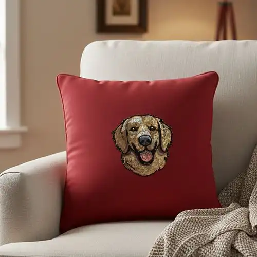 Embroidered Of Golden Retriever Design On Cushion Cover