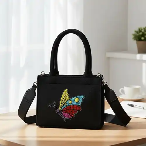 Embroidered Black Color Velvet Handbag Joyful Wings Design