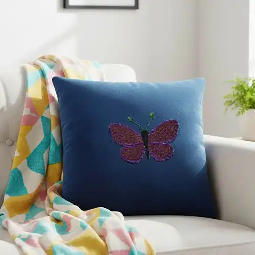 Embroidered Blue Cushion Cover Purple Flutter Design