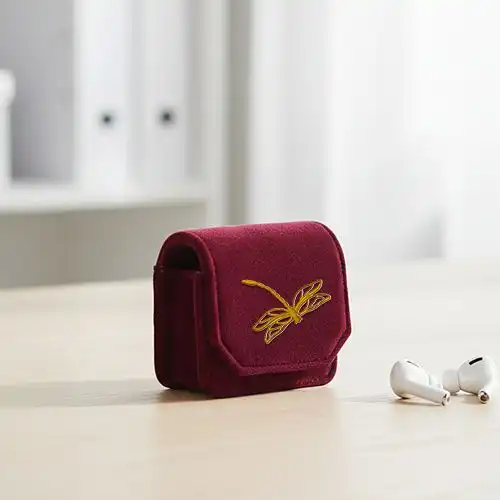 Embroidered Earphone Pouch Gold Dragonfly Design