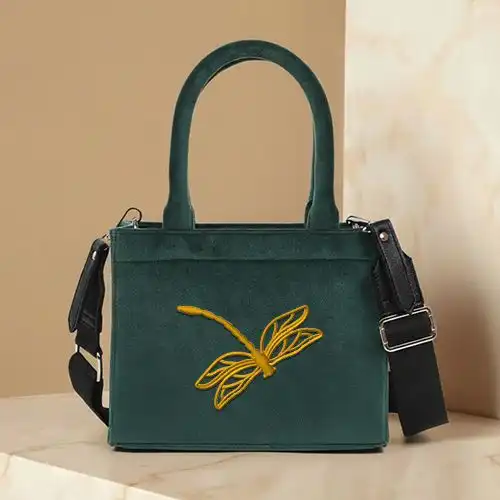 Embroidered Forest Green Color Velvet Handbag Gold Dragonfly Design