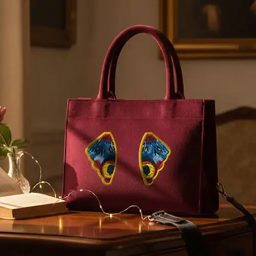 Embroidered Red Color Velvet Handbag Butterfly Wing Patch Design