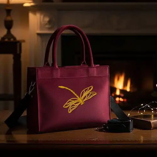 Embroidered Red Color Velvet Handbag Golden Monarch Design