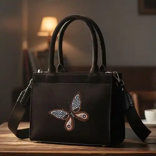 Embroidered Small Handbag Brown Flutter Design