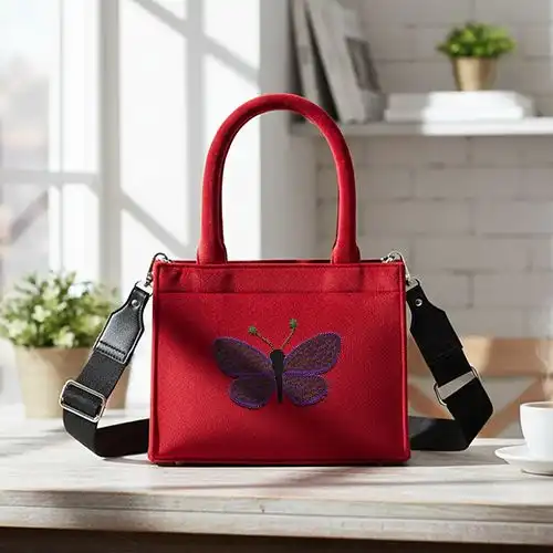 Embroidered Small Red Handbag Purple Flutter Design