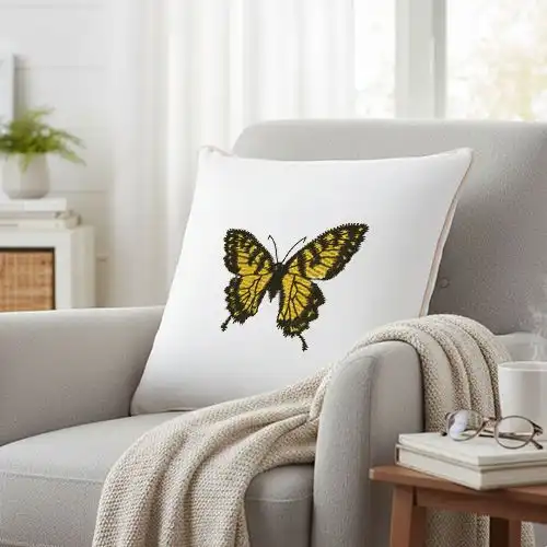 Embroidered White Color Cushion Cover Golden Monarch Design