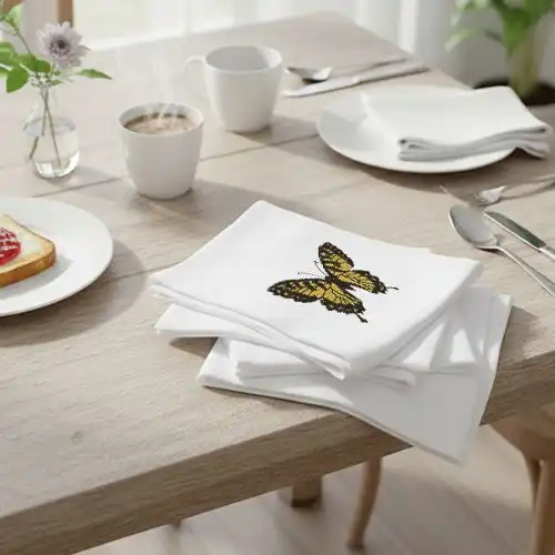 Embroidered White Color Table Napkin Golden Monarch Design