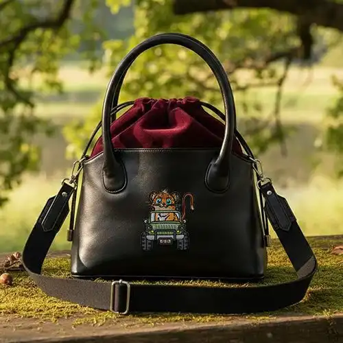 Embroidered Bucket Handbag With Cub Driver Design