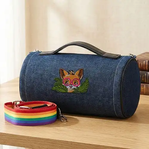 Embroidered Demin Duffle Bag With Glassy Fox Design