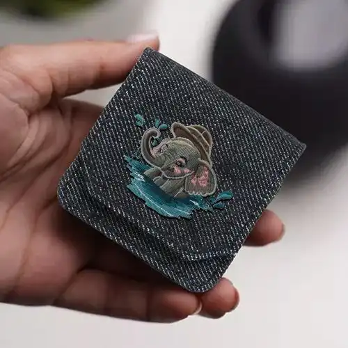 Embroidered Demin Earphone Cover With Splashy Elephant Design