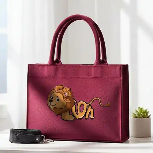 Embroidered Maroon Velvet Large Handbag With Mighty Lion Design