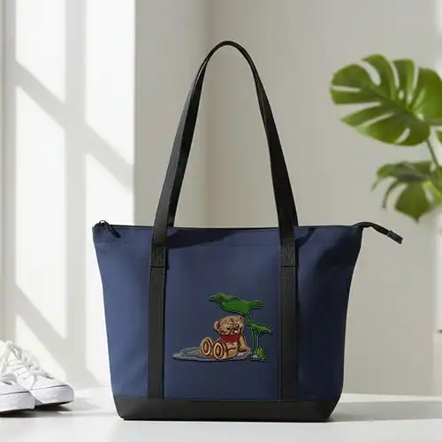 Embroidered Tote Bag With Bear In Shades Design