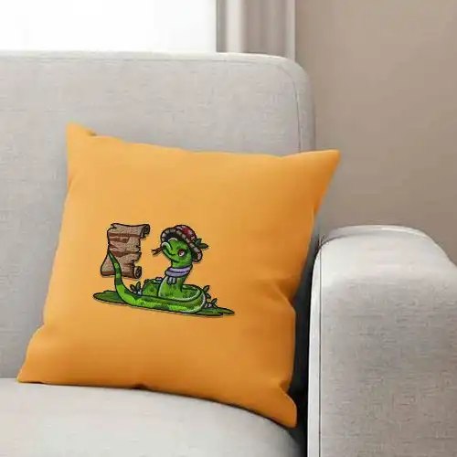 Embroidered Yellow Cushion Cover With Snakey Scroll Design