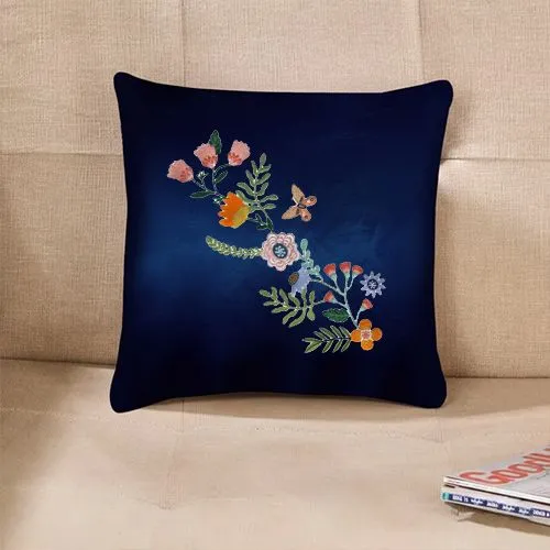 Embroidered Butterfly Bloom Design On Cushion Cover