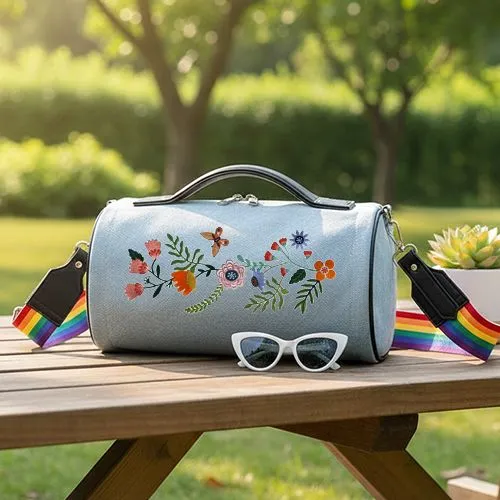 Embroidered Butterfly Bloom Design On Demin Bag