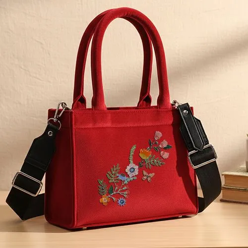Embroidered Butterfly Bloom Design On Red Handbag