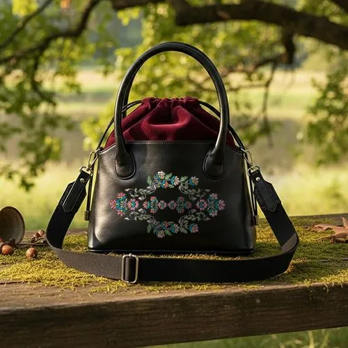 Embroidered Classical Flower Design On Black Bucket Handbag