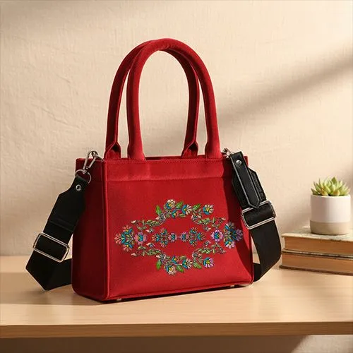 Embroidered Classical Flower Design On Red Small Handbag